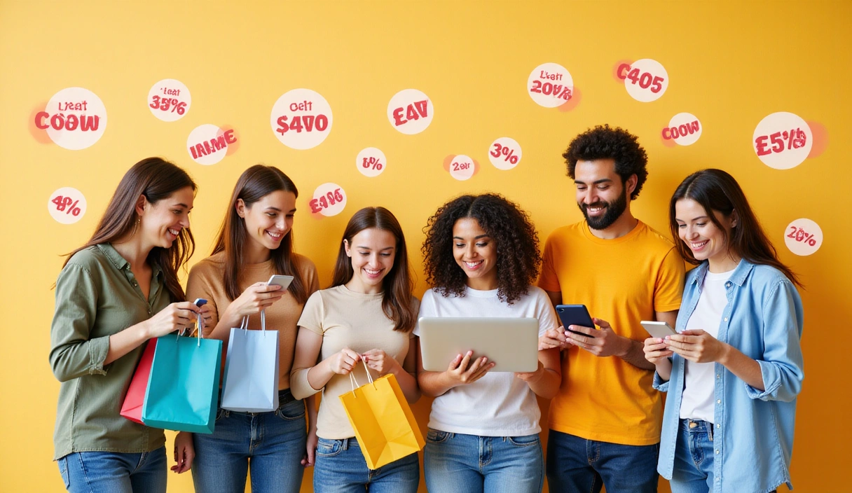 People happily shopping online with various discount icons floating around them