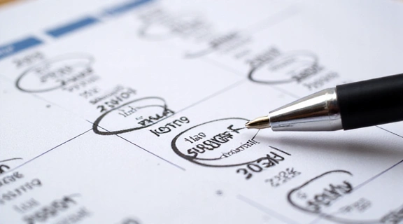 A calendar with circled dates highlighted for various seasonal sales events throughout the year, symbolizing planning for discounts.