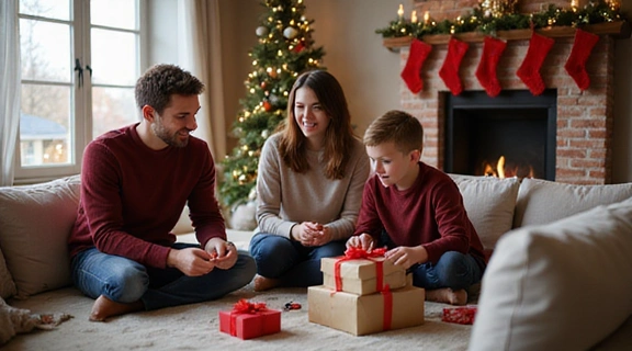 A family happily unwrapping gifts during a holiday season, with a 'Holiday Deals' banner subtly integrated, representing festive savings.