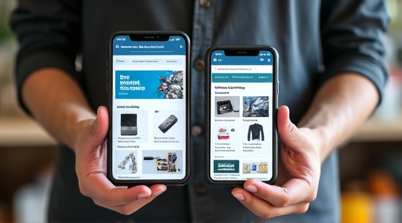 A person comparing prices on a tablet and a smartphone, surrounded by various product images, indicating smart shopping decisions.