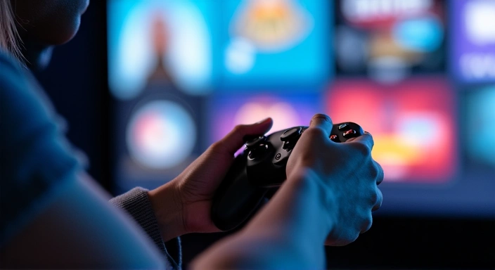 A person holding a gaming controller, with a 'Gaming Vouchers' overlay and various game titles in the background, symbolizing affordable gaming.