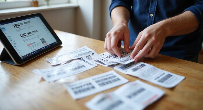 A person meticulously organizing a collection of physical coupon codes and digital coupon codes on a tablet, symbolizing strategic coupon usage.