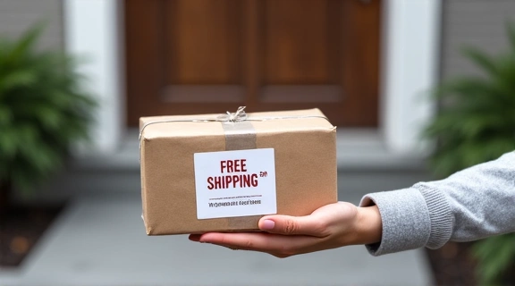 A package being delivered to a doorstep, with a 'Free Shipping' label visible, illustrating the convenience of online shopping.