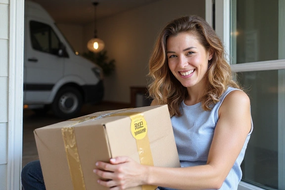 Person happily unboxing a package delivered with free shipping
